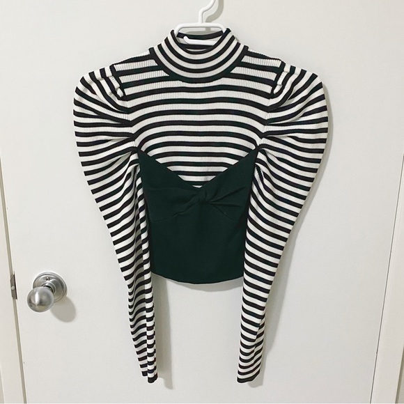 Zara Striped Puff Sleeve Corset Crop Turtleneck Sweater Black/White size Small - Picture 3 of 11